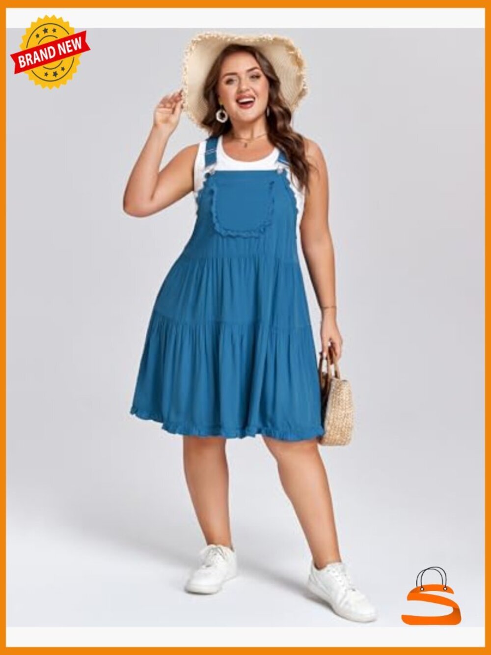 Plus Size Overall Dress Adjustable Straps Lace Trim Tiered Mini Dress with - Picture 4 of 6